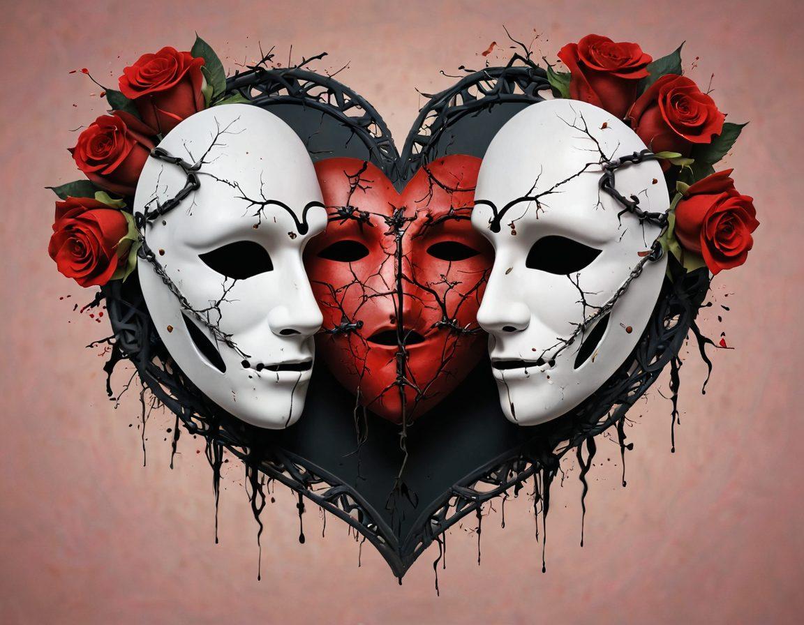 A thought-provoking illustration featuring a heart half-hidden behind a cracked mask, symbolizing the dichotomy of affection and infidelity. Delicate roses intertwined with broken chains represent love and betrayal, while shadowy figures in the background hint at secrets. The color palette should evoke a sense of mystery and emotion, balancing light and dark tones. super-realistic. vibrant colors. abstract background.