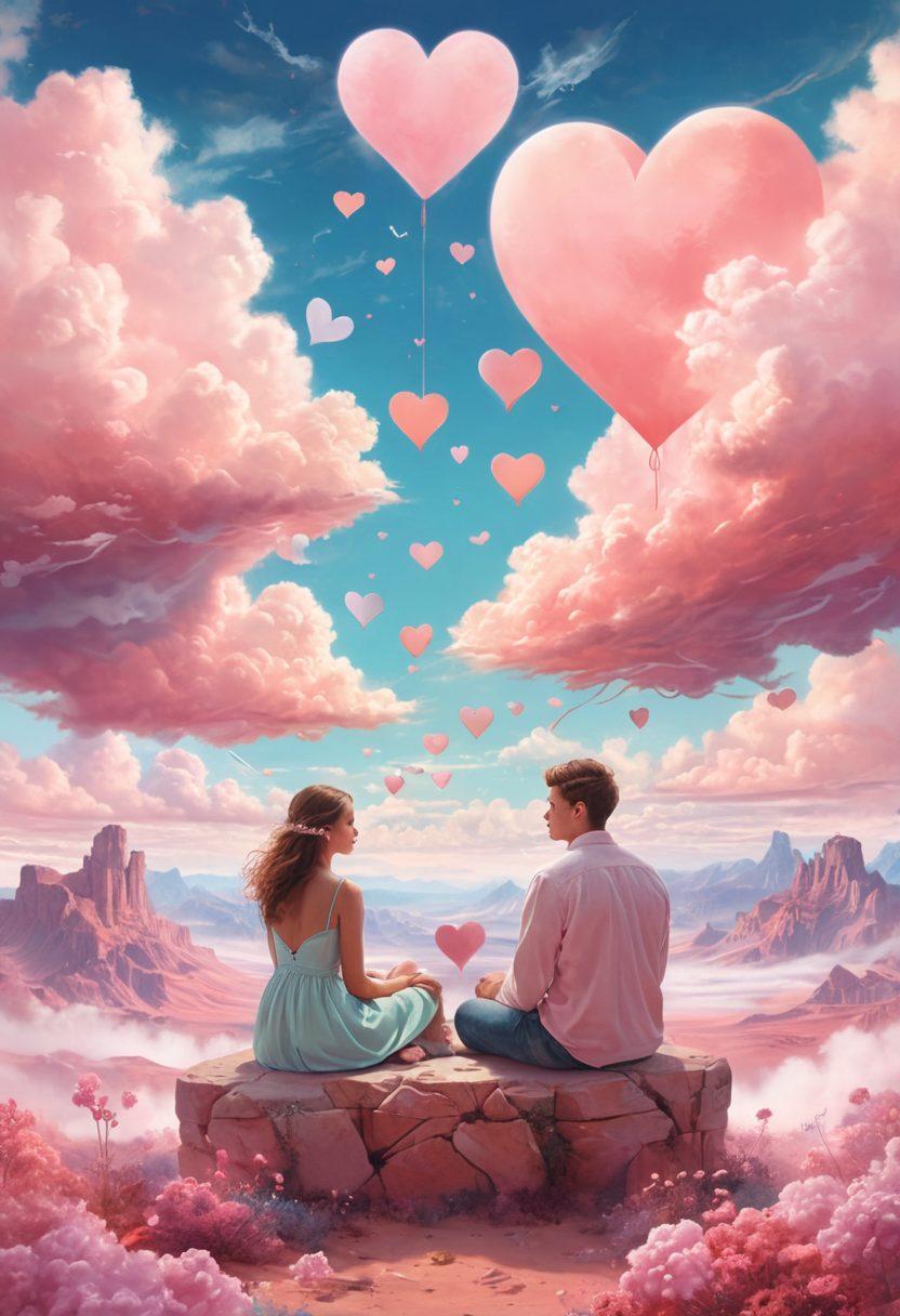 A couple sitting together in a dreamy, surreal landscape, surrounded by whimsical clouds shaped like hearts and various symbols of love. Their expressions reflect curiosity and wonder as they peel back layers of illusion, revealing gorgeous hidden truths. Soft, pastel color palette with ethereal lighting enhancing the romantic atmosphere. super-realistic. vibrant colors. dreamy background.