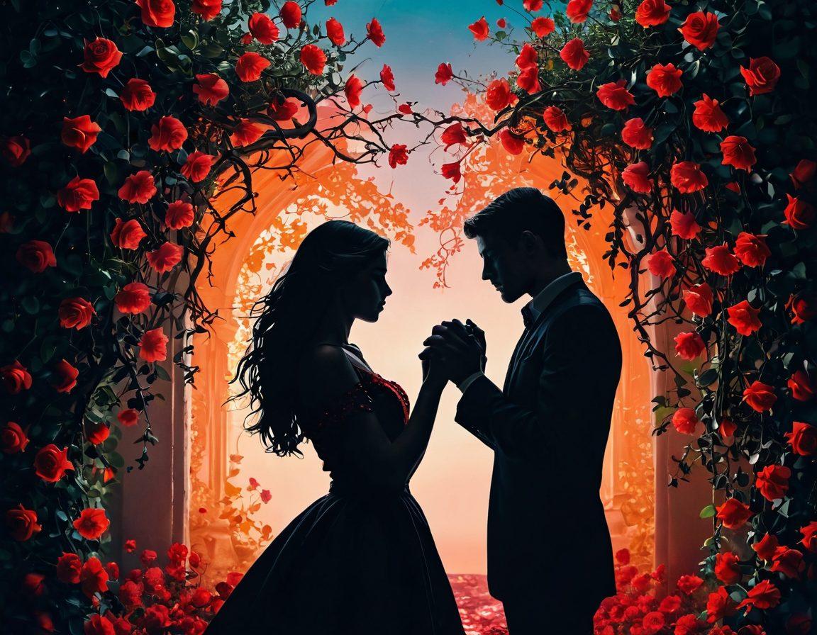 A visually striking split image illustrating the contrast between desire and deception in love. On one side, vibrant colors depict an enchanting couple lost in a passionate embrace, surrounded by delicate roses and warm light. On the other side, a shadowy figure looms, symbolizing betrayal, with dark, twisted vines and cold colors. The background subtly blends the two themes, adding depth to the narrative. surrealistic. vibrant colors.